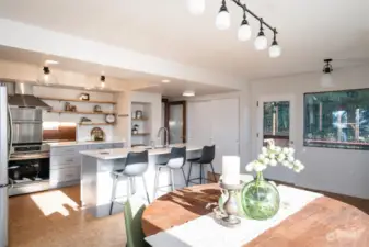 Plentiful storage above the counters, sliding doors open to shelves.  This door opens to the deck with a bridge to the back yard and dog run.