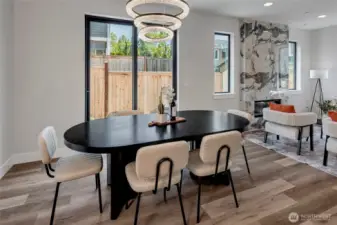Bright dining room featuring MSR's newest light fixtures