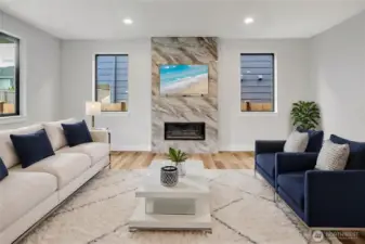 Gas fireplace in living room (Photos from lot 9B, digitally staged)