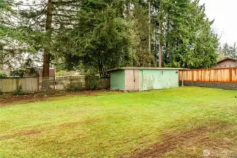 Storage shed in large backyard.