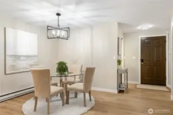 Dining space with new overhead lighting.