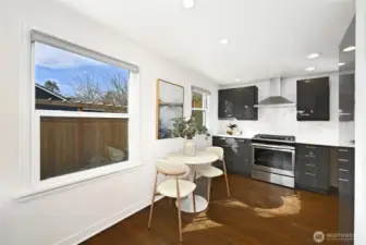 Stainless steel appliances and abundant cupboard space.
