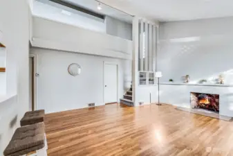 living room with vaulted ceilings