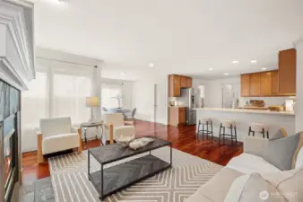 The family room connects seamlessly with the kitchen and casual dining area.