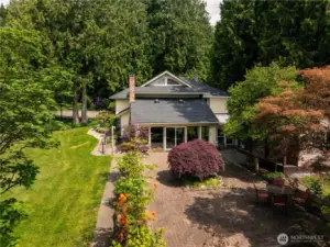 Courtyard off the living room and cabin overlooks many fruit trees