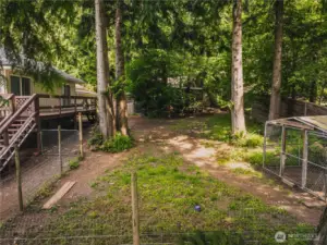 Backyard, deck off two upstairs bedrooms, dog kennel and wood shed behind trees.