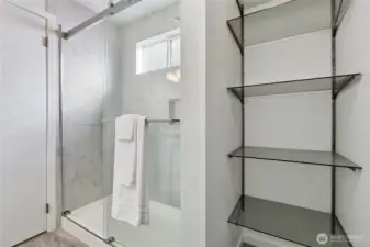 Updated bathroom with modern shower tiles and stylish finishes.