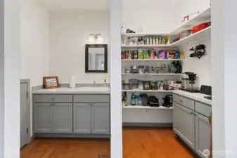 Walk in pantry and extra prep space including an deep sink.