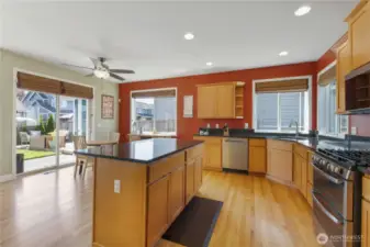 This beautifully designed kitchen features granite countertops and matching backsplash, pantry, and an abundance of cabinet and counter space. Enjoy cooking with stainless steel appliances, including a gas range and brand-new microwave. The center island with breakfast bar is perfect for casual meals, and a separate eating area offers even more space to gather.