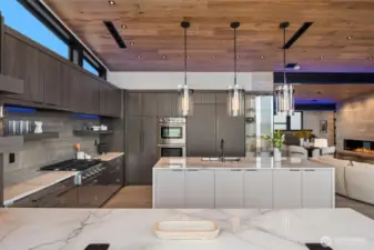 The marble countertops are intermixed with side by side Sub Zero fridges, plus pull out fridges, and ice maker. Ideal for large parties.