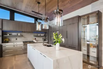 The custom stainless steel cabinetry from Italy features a one of a kind mirrored glass display cabinet for your fine collectibles.
