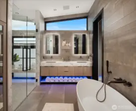 The spa bath is to die for. These rooms offer marble trim, designer tiled walls and marble countertops.