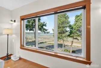Big bay windows have tint on glass and dark roll down shades for increased sun coverage if desired.
