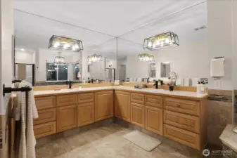 Primary bathroom: 5-piece with separate shower, soaking tub, dual vanities, and water closet