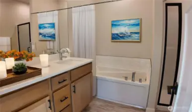 Primary Bathroom first floor. AI staged.