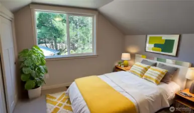 Second floor first bedroom.  AI staged.