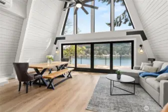 Open concept with gorgeous view of the lake.