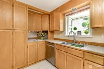 Kitchen has lots of cabinets and Stainless-Steel appliances.