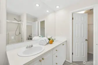 Another look at the primary bath and its connection to the walk-in closet.