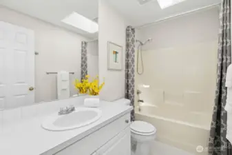 The upper-level full bath. Don't miss the skylight!