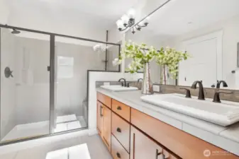 Large walk-in shower in primary bathroom.