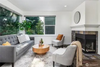Top floor SE corner unit with peek-a-boo views of the city and Lake Union, and a wood burning fire place.
