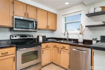 Enjoy butcher block countertops in the kitchen