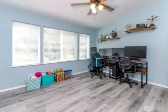 Living room with ceiling fan and tons of light through the large windows
