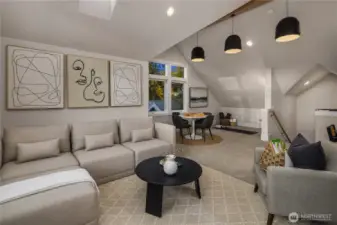 Large bonus great room with vaulted ceilings and stained wood beams