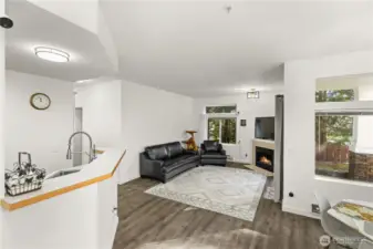 open space living, kitchen, dining.