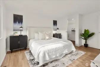 The primary bedroom is a peaceful retreat located on the upper level.