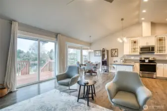 Living space has cathedral ceilings and so much natural light from the sliding doors and large windows