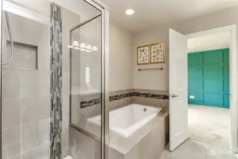 Beautiful tile work around the tub and shower.  No detail was over looked.