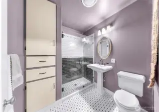 Custom bath with built-ins, tile and period porcelain