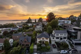 The sunset over Puget Sound and the Olympic Mountains to the West.