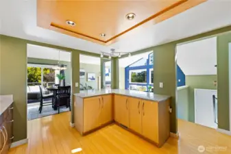 View from the kitchen out to the living and dining spaces.
