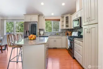 Chefs kitchen with top of the line appliances. beautiful spacious counters. Lots of cabinet space for storing all appliances.
