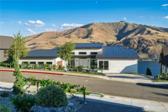 Daytime exterior shot. Note the metal roof, cement board siding and grapevine fence.