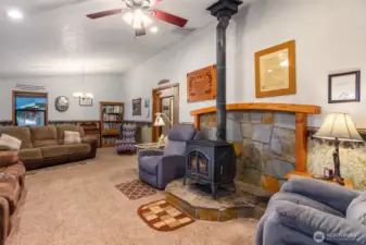 Cozy living rm with warm, relaxing wood stove for cooler days