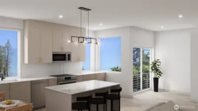 Chef’s kitchen with premium appliances and custom finishes. (Digitally rendered)