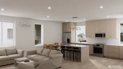 Open-concept living flooded with natural light. (Digitally rendered)