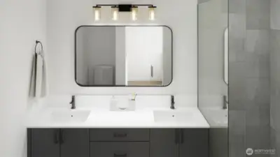 Modern vanity and high-end fixtures throughout. (Digitally rendered)