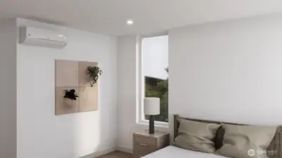 Bright guest room with ample closet storage. (Digitally rendered)