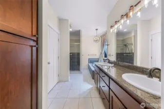 Primary bath with soaking tub and stand up shower with toilet room and walk in closet with additional washer and dry hook ups for true main level living is desired