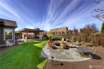 Professional hardscaping, fountain water feature, fire pit and mature easy care landscaping