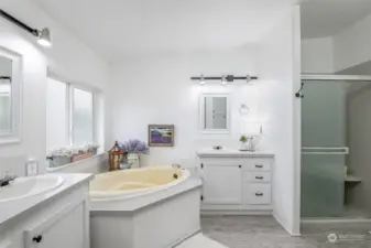 Soaking tub, dual sinks, shower and walk in closet.