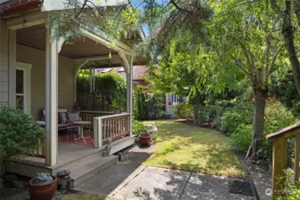 Charming private garden with mature trees and shrubs.