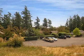 Mature landscaping creates privacy from parking area.