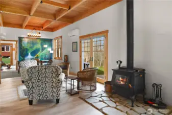 Blaze King brand wood stove, new vinyl plank floors, Douglas Fir ceiling & trim, all new blinds throughout.