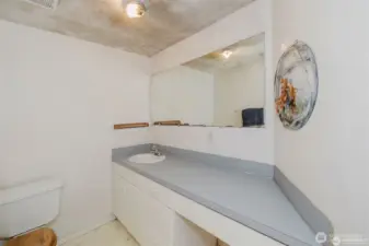 Toilet and large vanity of this full bathroom